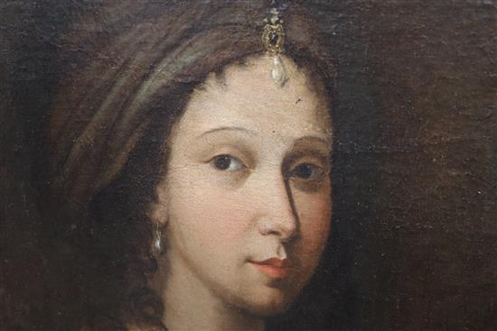Circle of John Zoffany (1733-1810) Portrait of a lady wearing a bejewelled turban 24 x 20in.